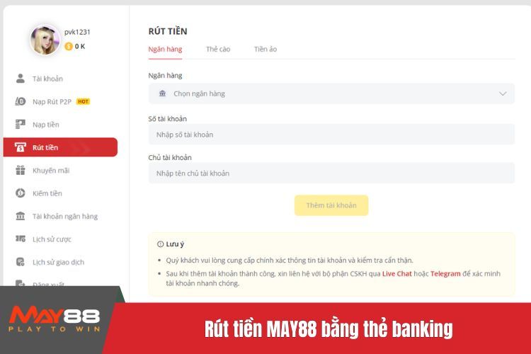 Rút tiền MAY88 bằng thẻ banking
